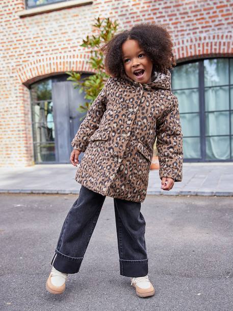 Leopard Print Wool Blend Hooded Coat for Girls brown 