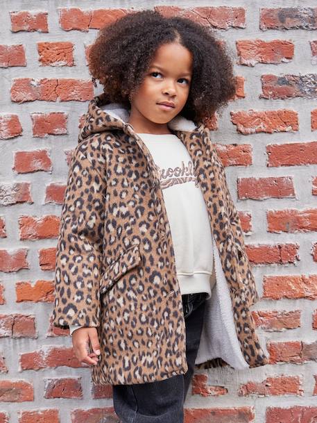 Leopard Print Wool Blend Hooded Coat for Girls brown 