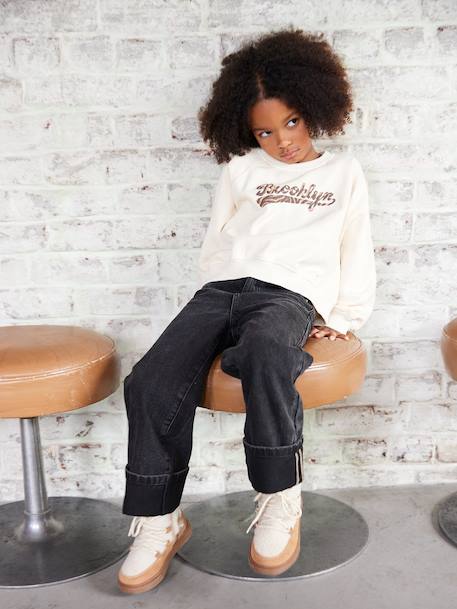 Wide-Leg Jeans with Turn-Ups for Girls black denim 