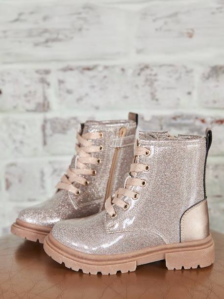 Lace-up and zipped ankle boots for children, nursery collection gold 