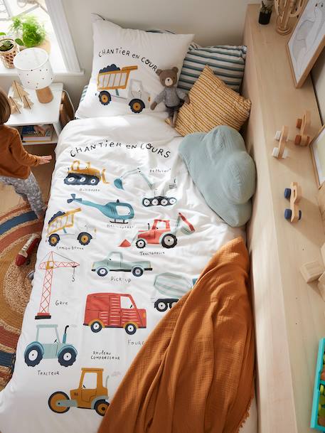 Duvet Cover & Pillowcase Set for Children, Work in Progress WHITE LIGHT SOLID WITH DESIGN 