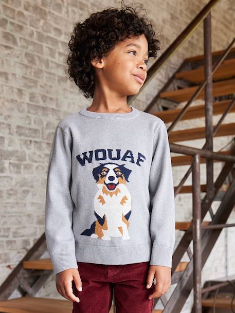 Round Neckline Jumper with Dog Motif marl grey 