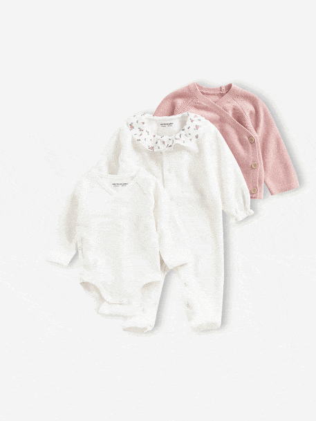 3-Piece Set for Newborns: Plain Knit Cardigan + Sleepsuit + Bodysuit rose 