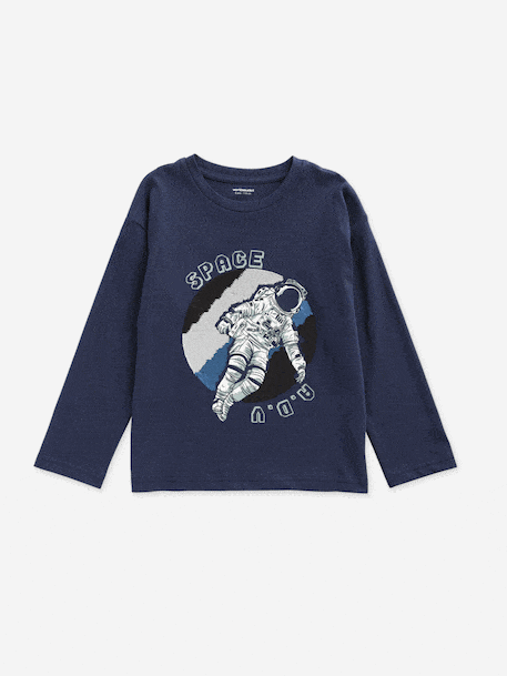Long-Sleeved T-Shirt with Reversible Sequins for Boys navy blue 