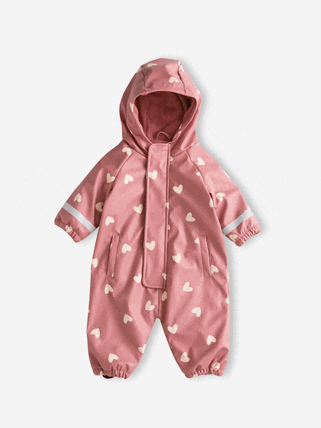 Fleece-lined baby's hooded printed rainsuit old rose+vanilla 