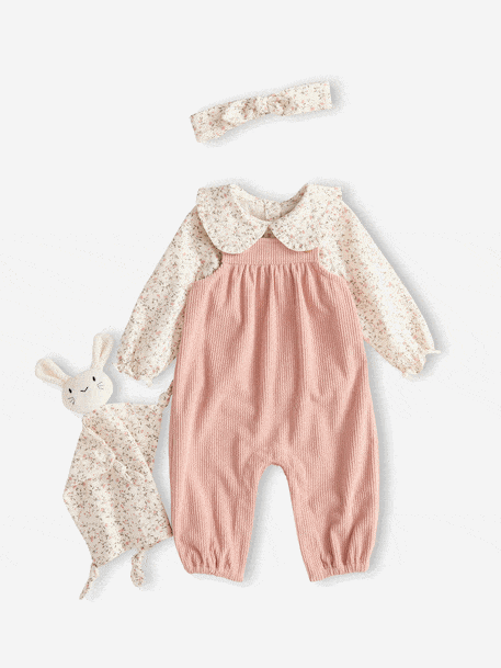 Newborn set T-shirt + dungaree + band for head accessories for hair + comforter / soft toy rosy 