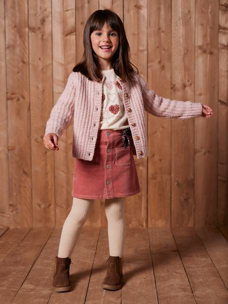 Buttoned Corduroy Skirt with Fancy Bow navy blue+old rose 