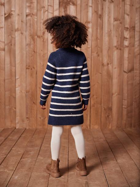 Knitted Striped Dress for Girls ecru+navy blue 