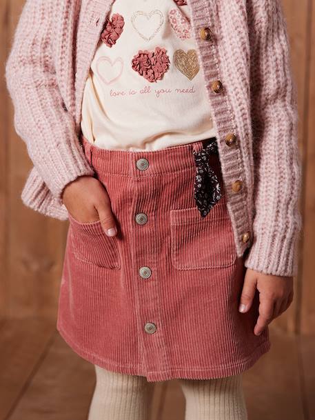 Buttoned Corduroy Skirt with Fancy Bow navy blue+old rose 