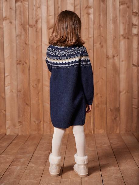 Knitted Jacquard Dress for Girls ecru+navy blue 