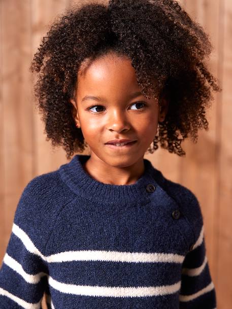Knitted Striped Dress for Girls ecru+navy blue 