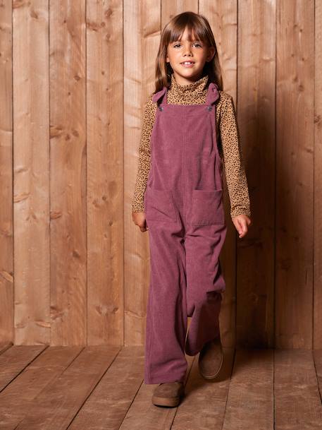 Wide-Leg Fleece-Effect Corduroy Dungarees for Girls fir green+mauve 