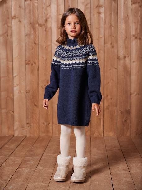 Knitted Jacquard Dress for Girls ecru+navy blue 