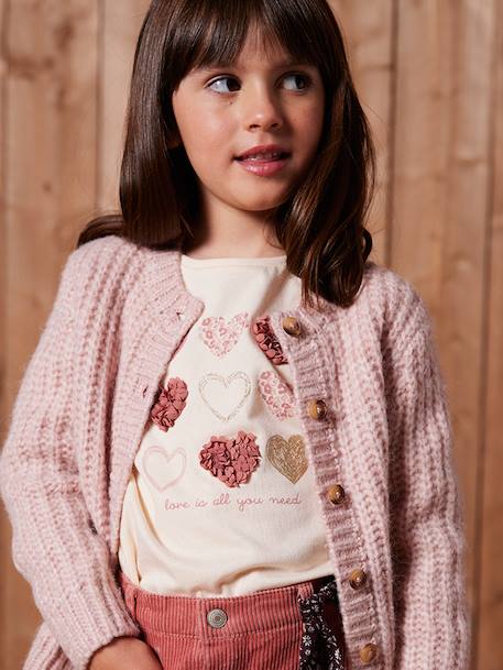 Long Sleeve T-Shirt with Heart in Relief, for Girls blush+ecru+green 