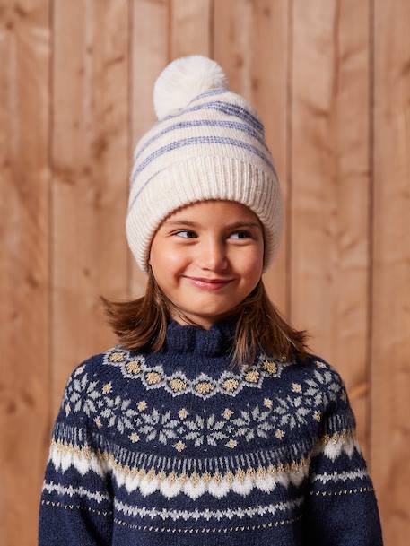 Striped Set: Beanie + Snood + Mittens/Gloves for Girls vanilla 