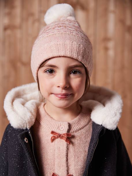 Girl's jacquard set: beanie + snood + mittens/gloves ecru+rose 