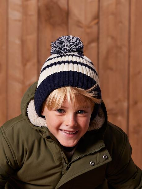 Striped set for boys: beanie + snood + mittens/gloves ecru 