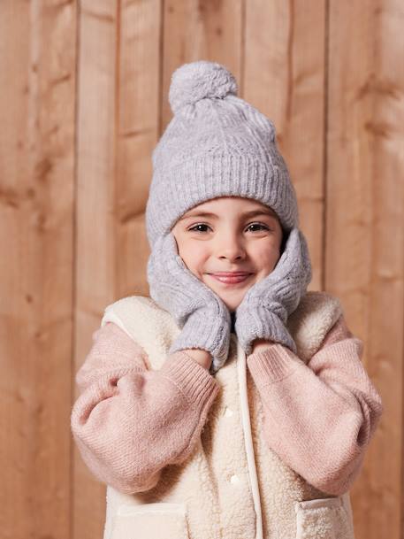 Beanie + Snood + Mittens Set in Shimmering Cable-Knit marl grey+PINK MEDIUM SOLID 