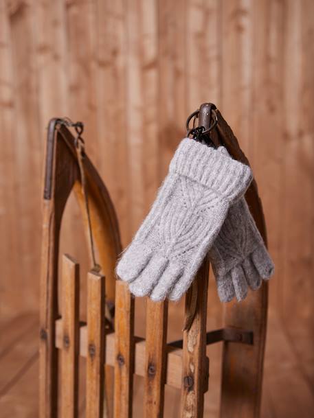 Beanie + Snood + Mittens Set in Shimmering Cable-Knit marl grey+PINK MEDIUM SOLID 