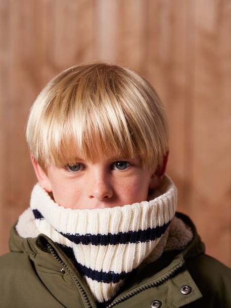 Striped set for boys: beanie + snood + mittens/gloves ecru 