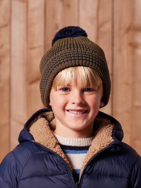Striped Set for Boys: Beanie + Snood + Mittens/Gloves chambray blue+khaki 