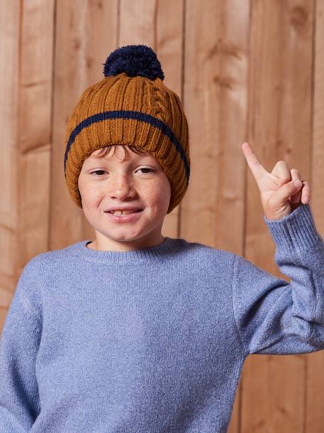 Boy's twisted set: beanie + snood + mittens/gloves ochre 