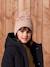 Embroidered set for girls: beanie + snood + open knit mittens/gloves golden beige 