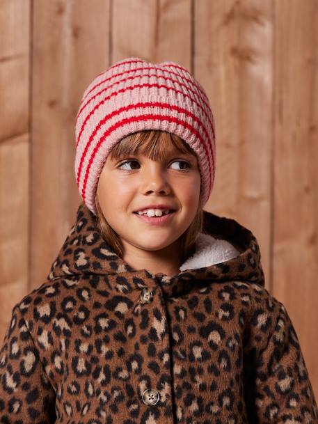 Girl's striped set: beanie + snood + mittens/gloves blush 