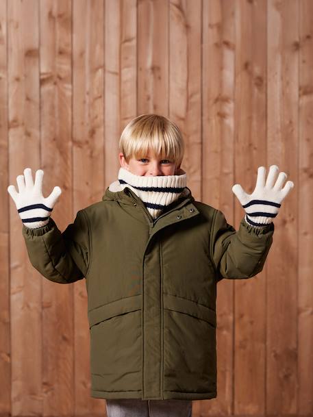 Striped set for boys: beanie + snood + mittens/gloves ecru 