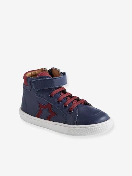 Leather High Top Trainers, for Boys BLUE DARK SOLID WITH DESIGN 