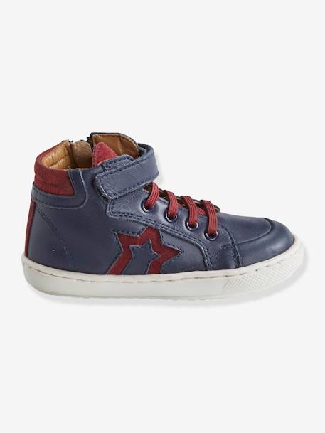 Leather High Top Trainers, for Boys BLUE DARK SOLID WITH DESIGN 