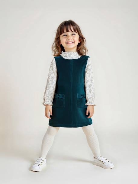 Velvet pinafore dress and cotton muslin blouse set for girls petrol blue 