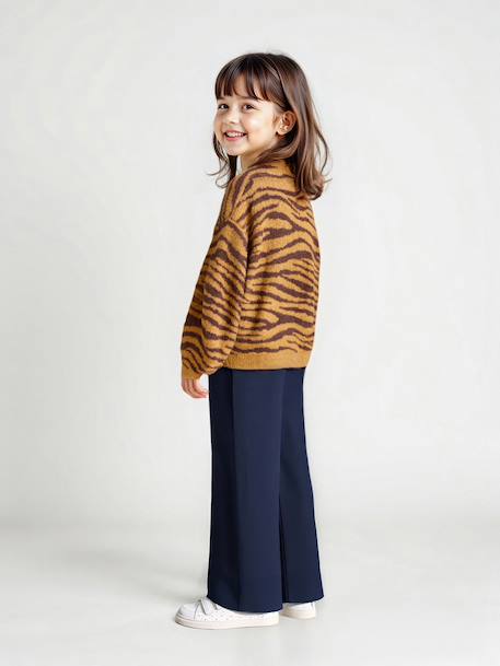 Girls' wide leggings lined with fleece knit emerald green+navy blue 
