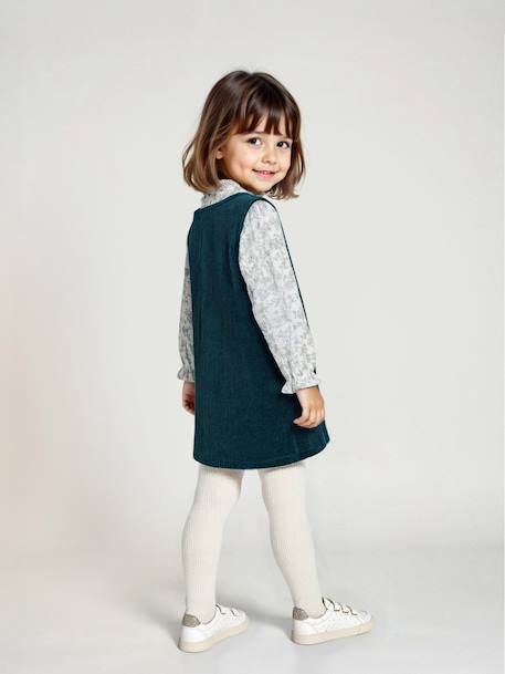 Velvet pinafore dress and cotton muslin blouse set for girls petrol blue 