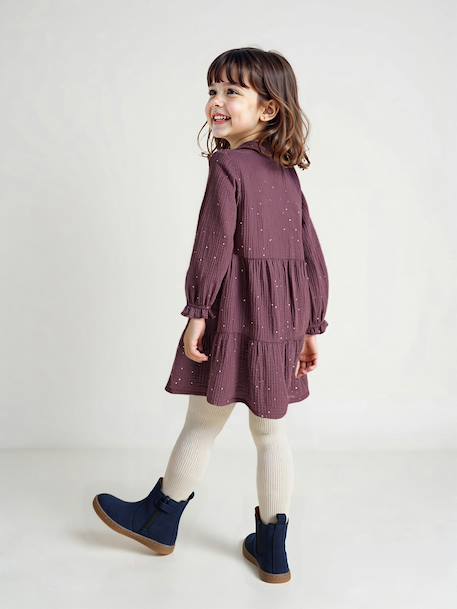 Polka Dot Dress in Cotton Gauze for Girls fir green+pecan nut+plum+sage green 