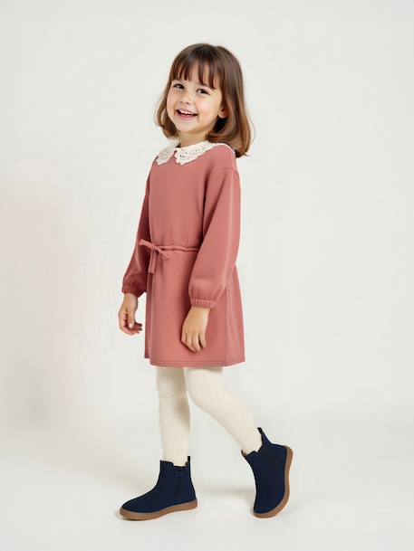Fleece Dress with Macramé Collar for Girls dusky pink+slate grey 