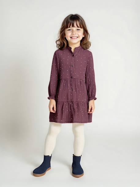 Polka Dot Dress in Cotton Gauze for Girls fir green+pecan nut+plum+sage green 