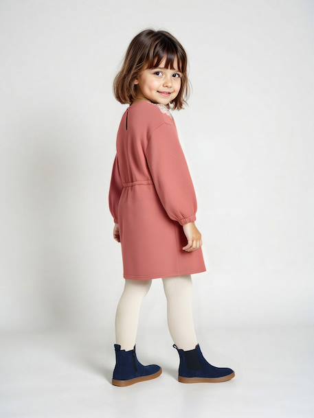 Fleece Dress with Macramé Collar for Girls dusky pink+slate grey 