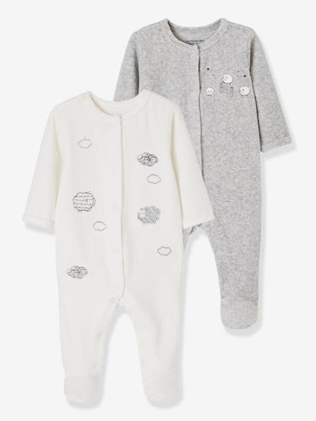 Pack of 2 Baby Sleepsuits with Front Opening in Velour White 