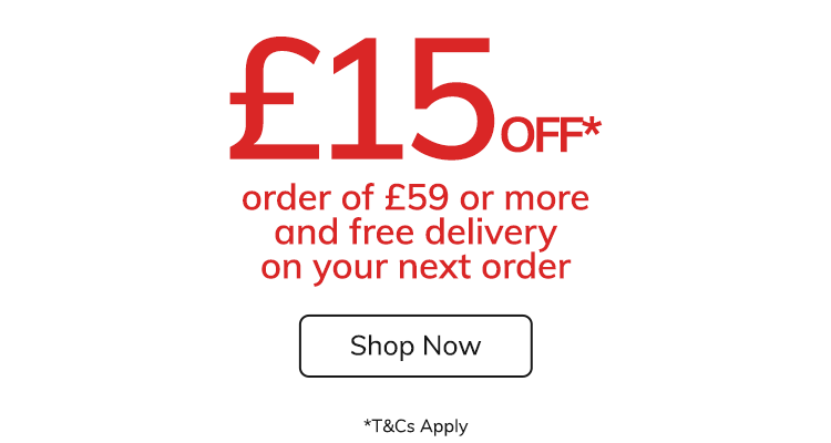 £15 off orders of £59 or more and free delivery on your next order