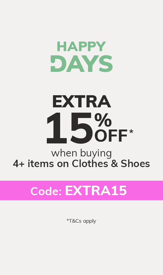Happy Days: EXTRA 15% off* when buying 4+ items on Clothes & Shoes. Code: EXTRA15 *T&Cs apply